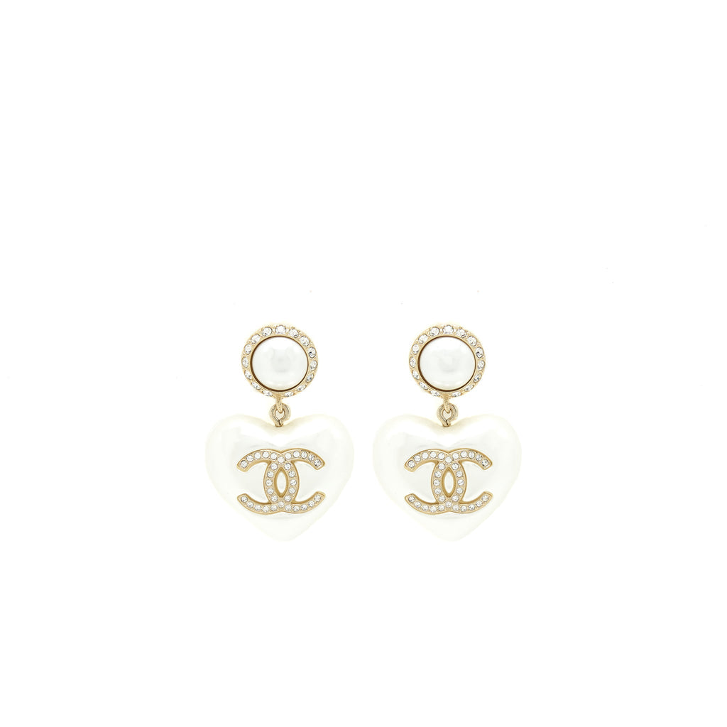 Chanel Heart Pearl Crystals CC Logo Earrings L