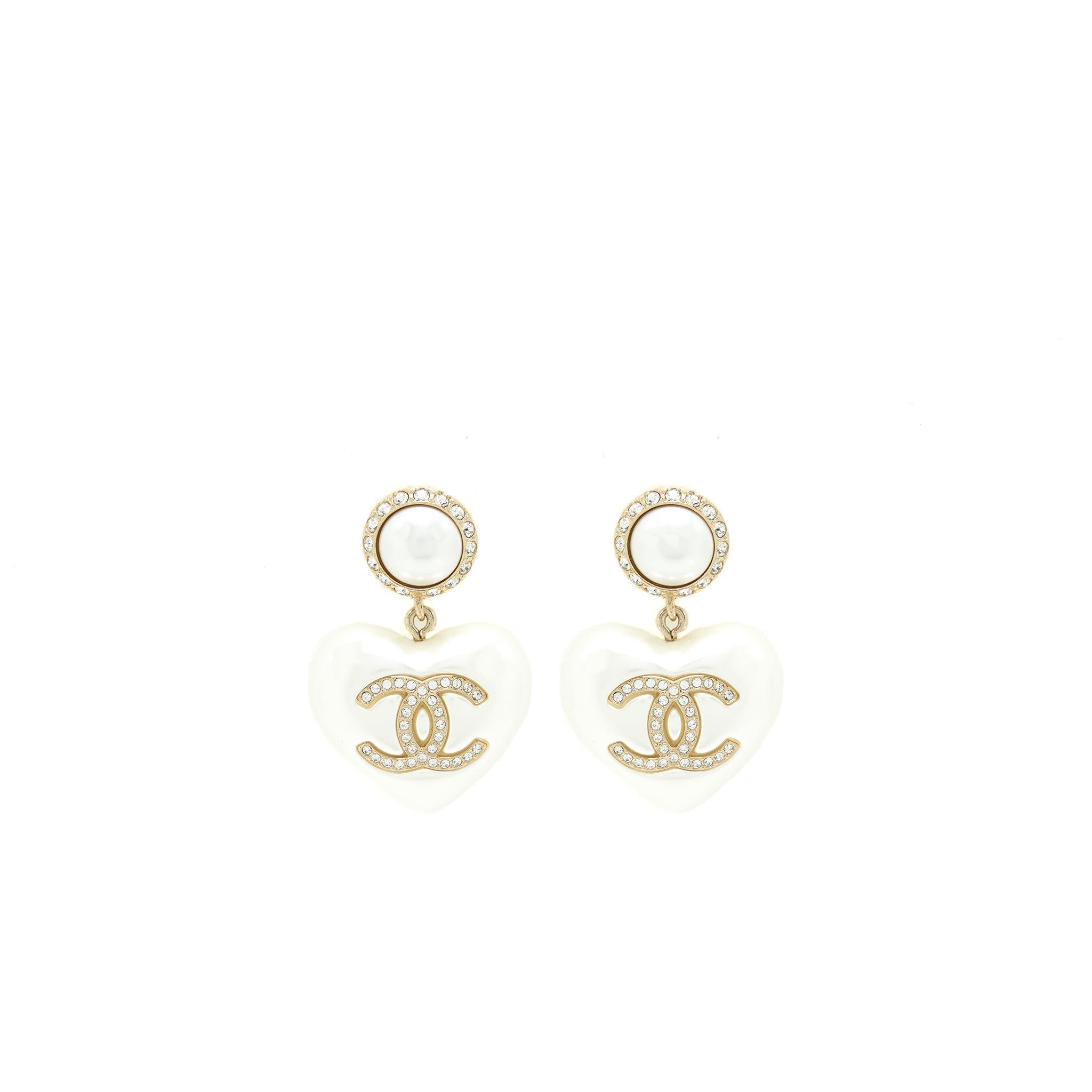 Chanel Heart Pearl Crystals CC Logo Earrings L