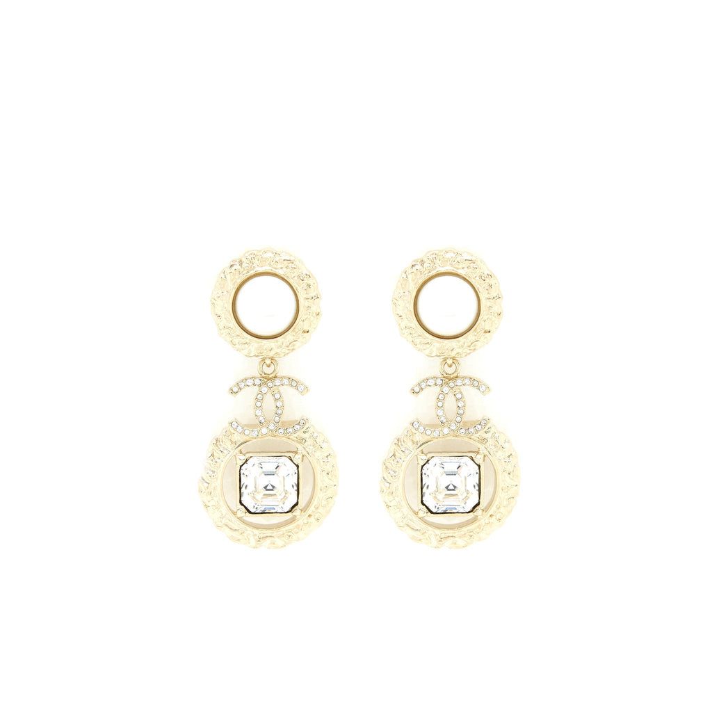 Chanel CC Logo With Pearls And Square Crystals Earrings L