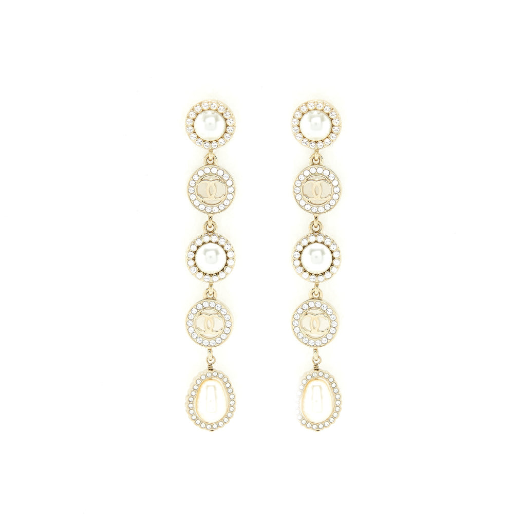 Chanel Crystals CC Logo And Pearls Round Drop Earrings L