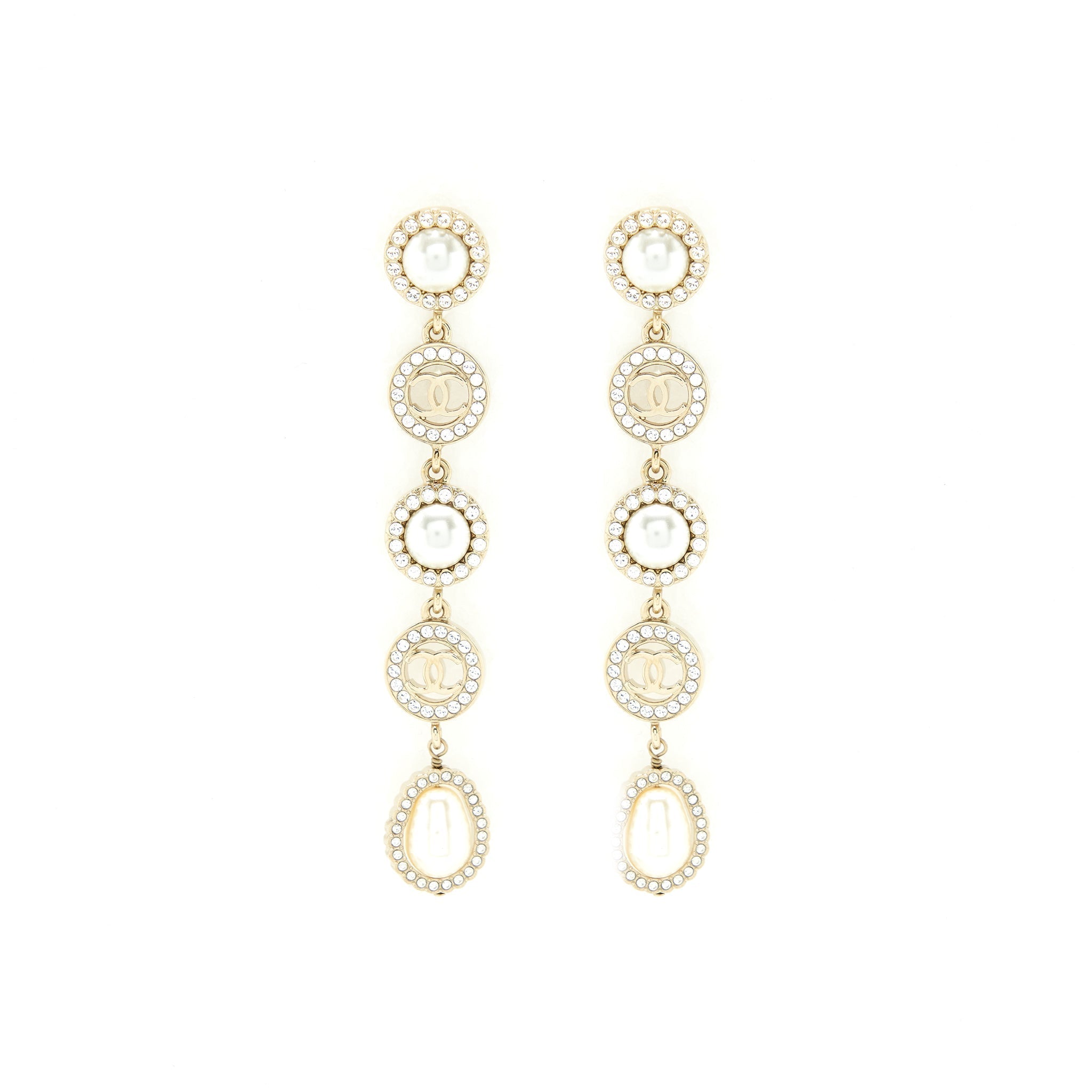 Chanel Crystals CC Logo And Pearls Round Drop Earrings L