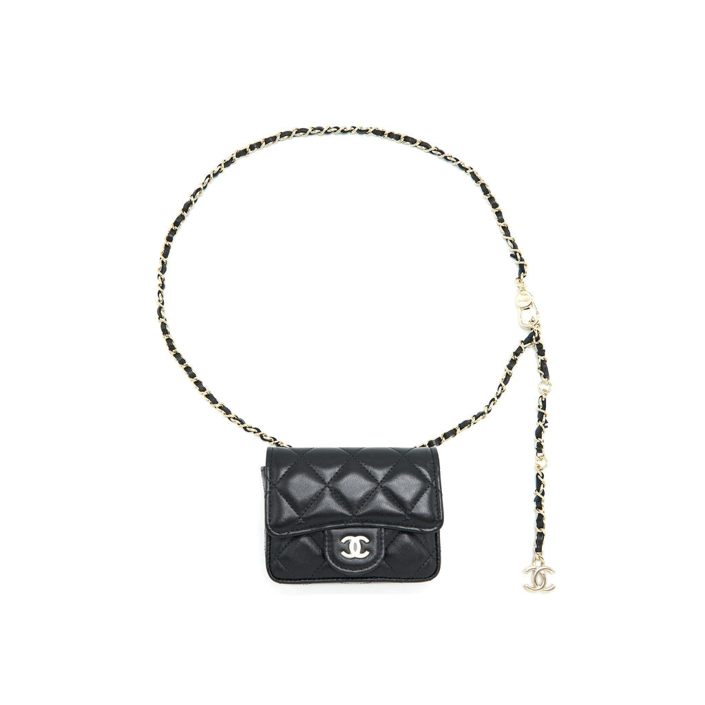 Chanel Flap  Holder Belt Bag With Chain Lambskin Black L