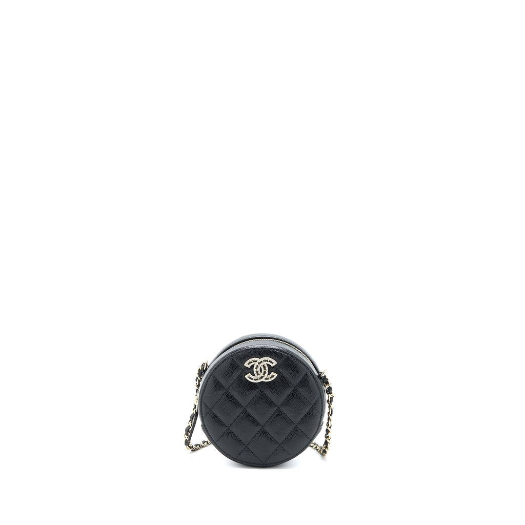 Chanel Crystal CC Logo Round Clutch with Chain Caviar Black L