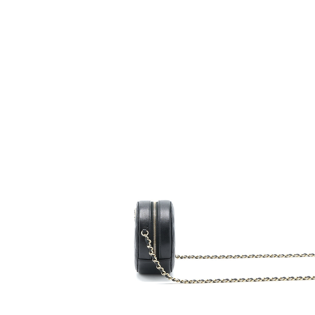 Chanel Crystal CC Logo Round Clutch with Chain Caviar Black L