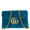 GUCCI GG Marmont Matelasse Velvet Chain Wallet Pavone Cyan 474575