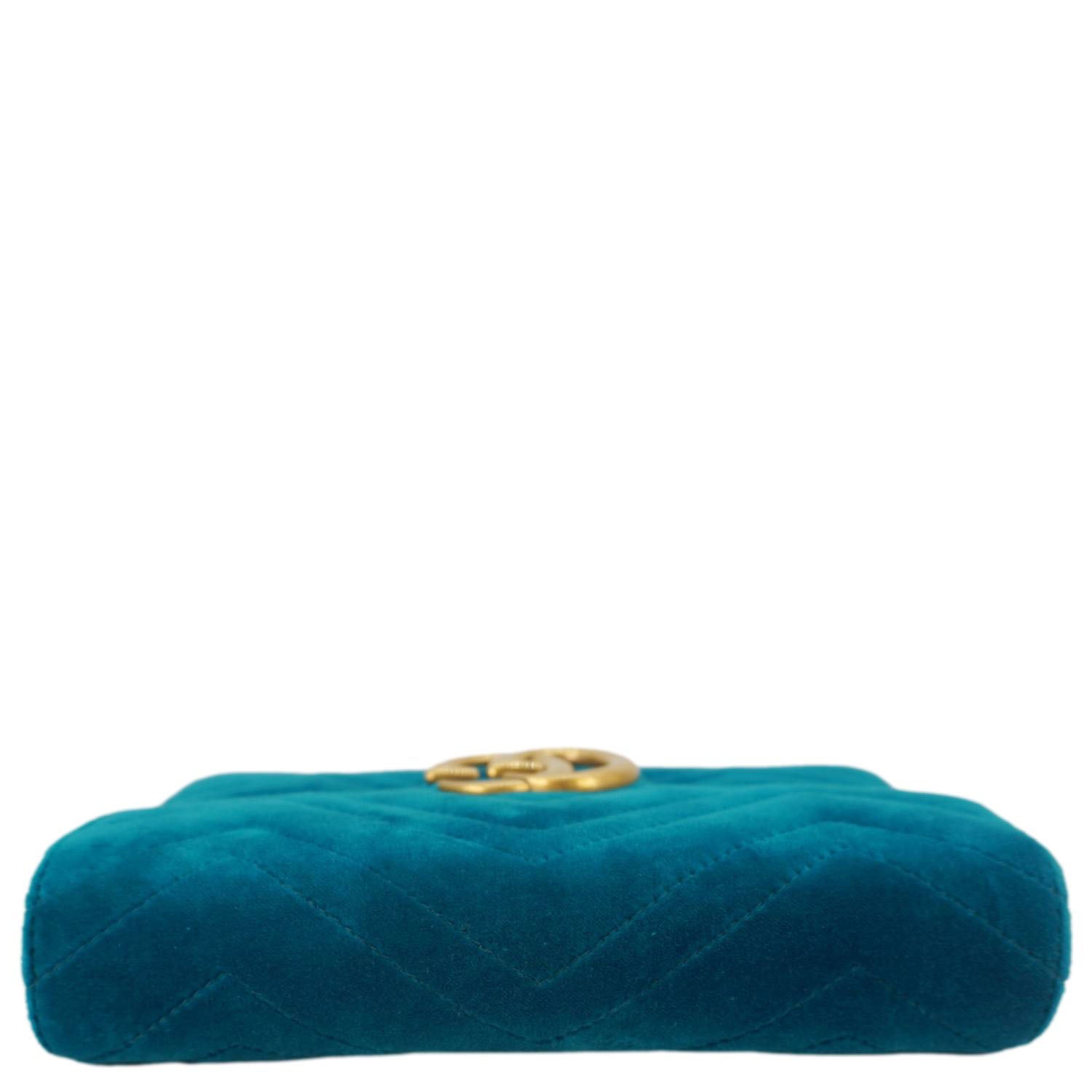GUCCI GG Marmont Matelasse Velvet Chain Wallet Pavone Cyan 474575