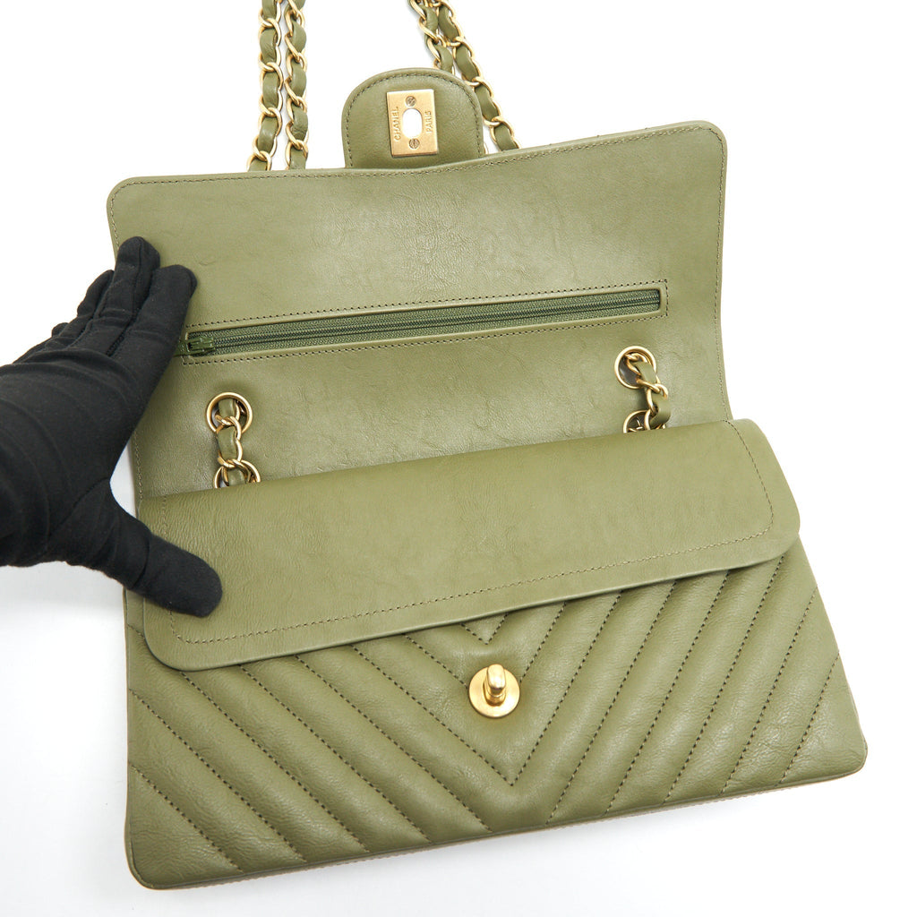 Chanel Chevron Medium Classic Double Flap Bag Olive-Green