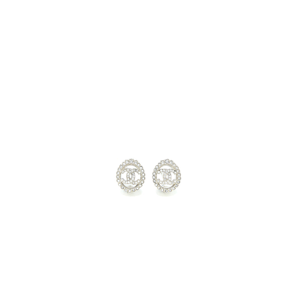 Chanel Round CC Logo Earrings Crystal Silver Tone