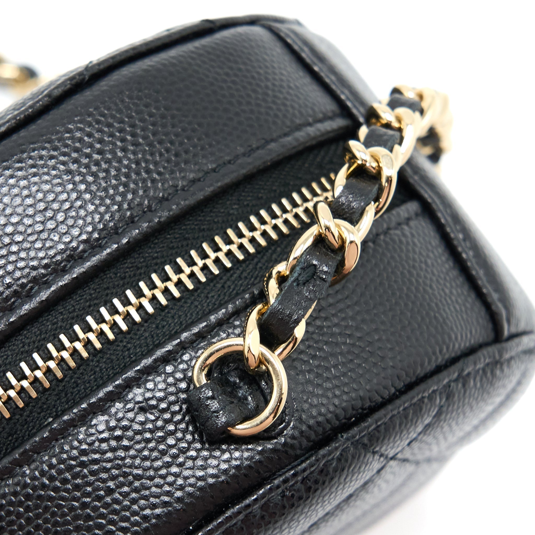 Chanel Crystal CC Logo Round Clutch with Chain Caviar Black L