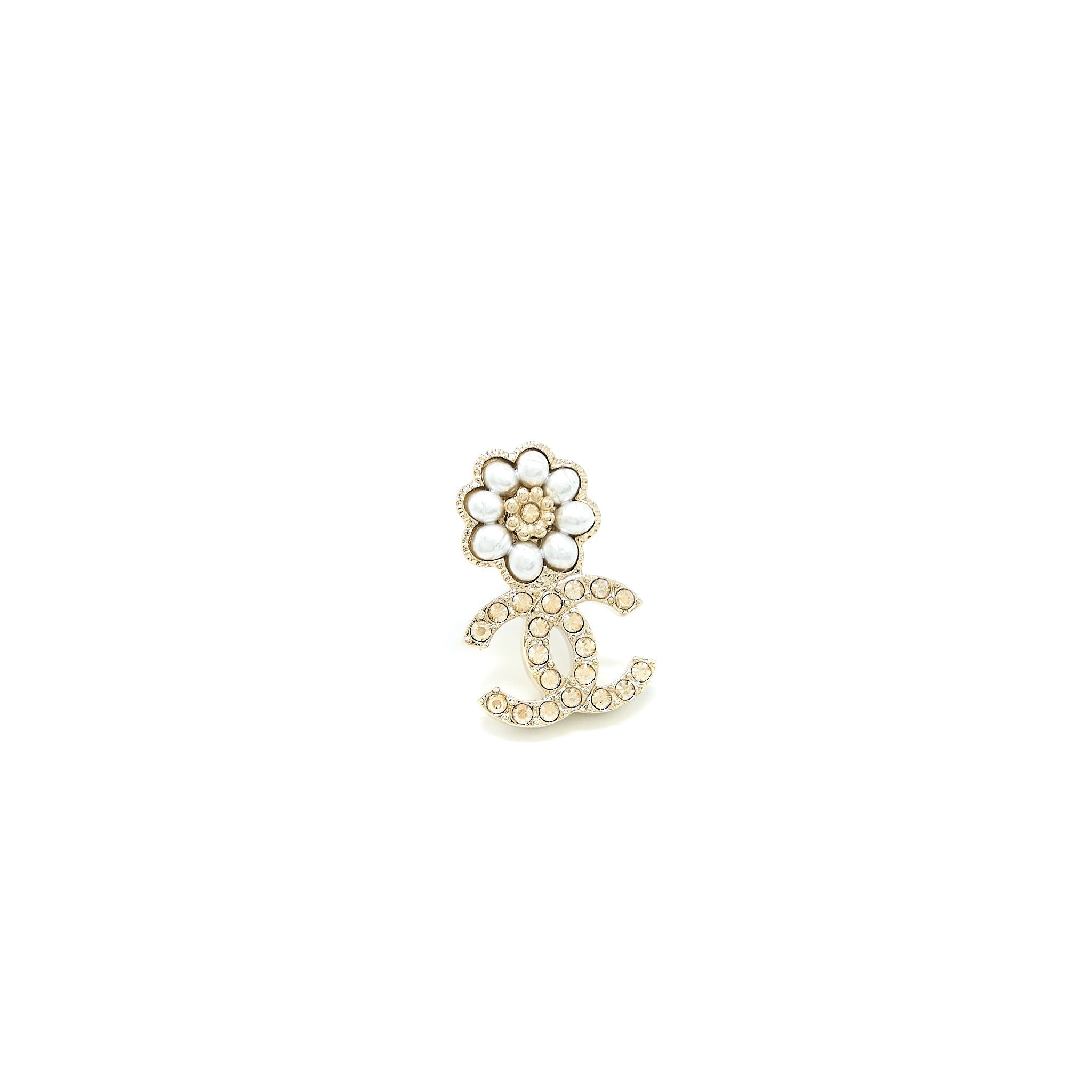 Chanel Camellia CC Logo Earrings Pearl/Crystal Light Gold Tone