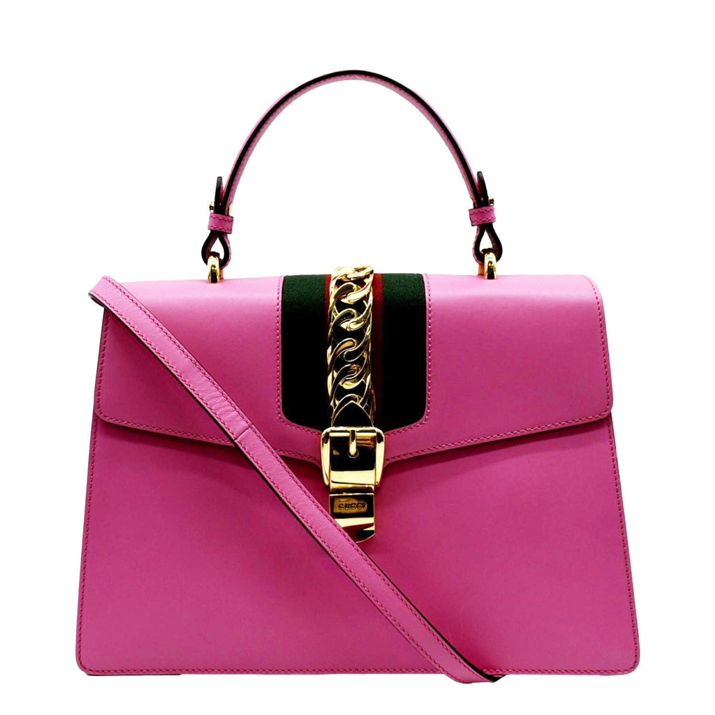 GUCCI Sylvie Medium Web Smooth Leather Top Handle Shoulder Bag Pink 431665