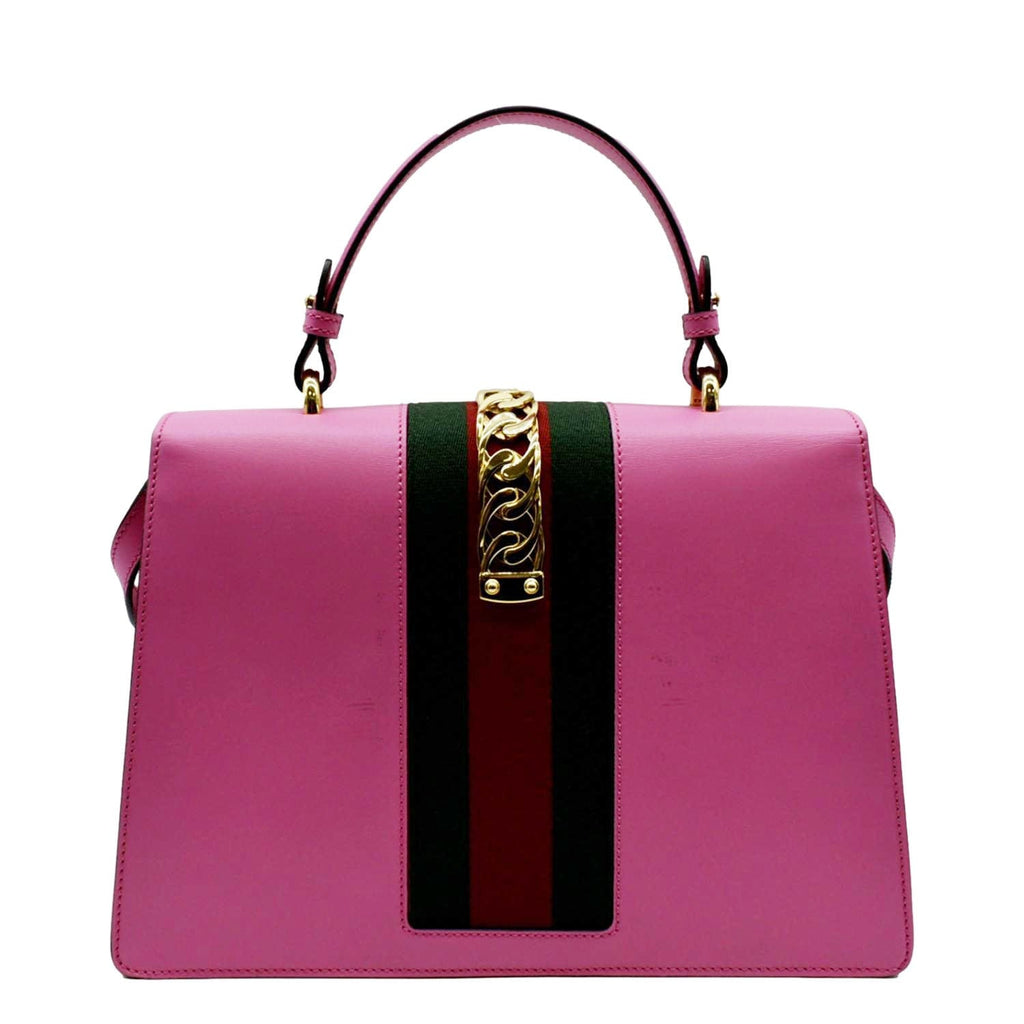 GUCCI Sylvie Medium Web Smooth Leather Top Handle Shoulder Bag Pink 431665