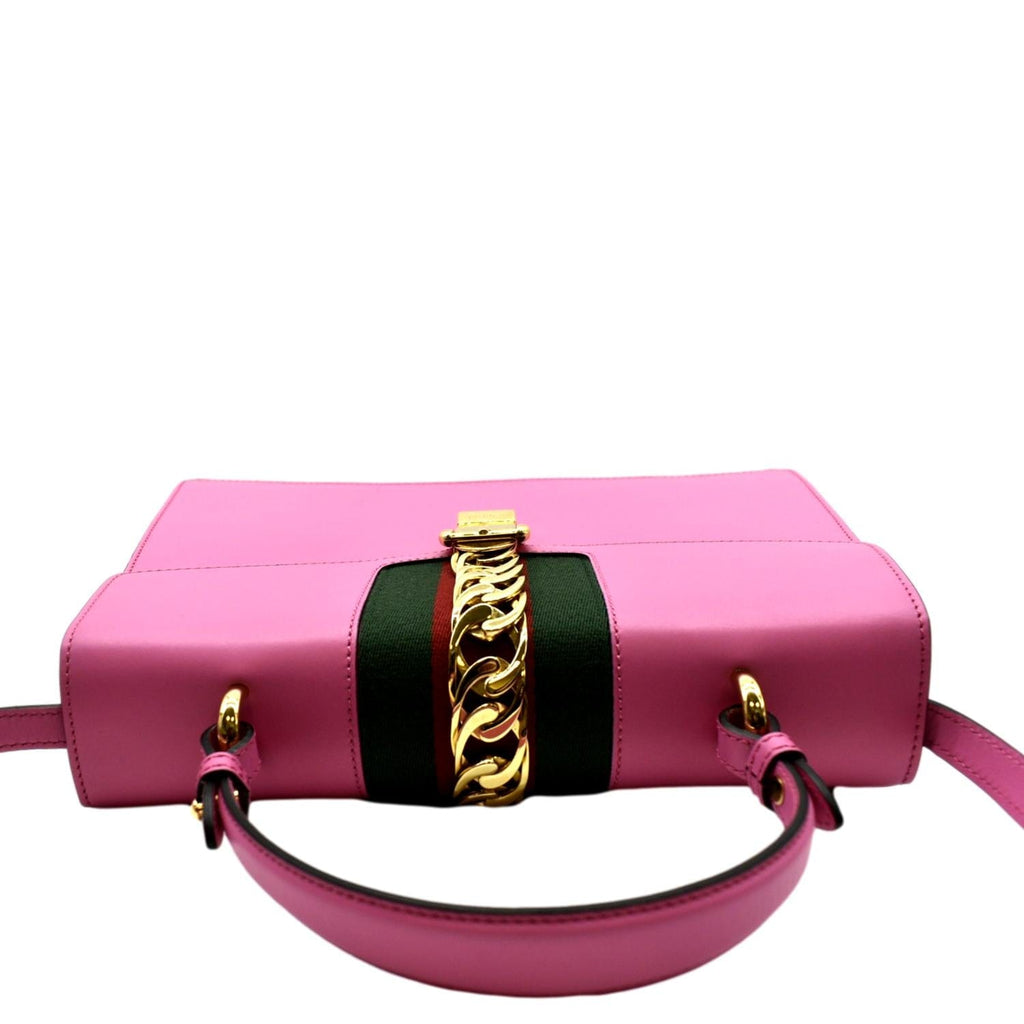 GUCCI Sylvie Medium Web Smooth Leather Top Handle Shoulder Bag Pink 431665