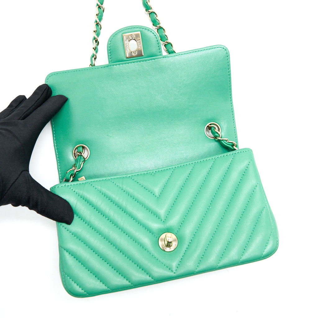 Chanel Chevron Mini Rectangular Green with L