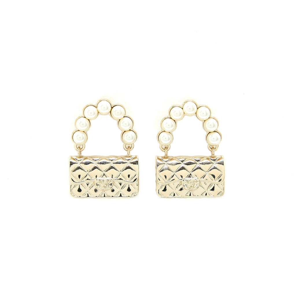 Chanel Pearl And Bag Earring Light Gold Tone