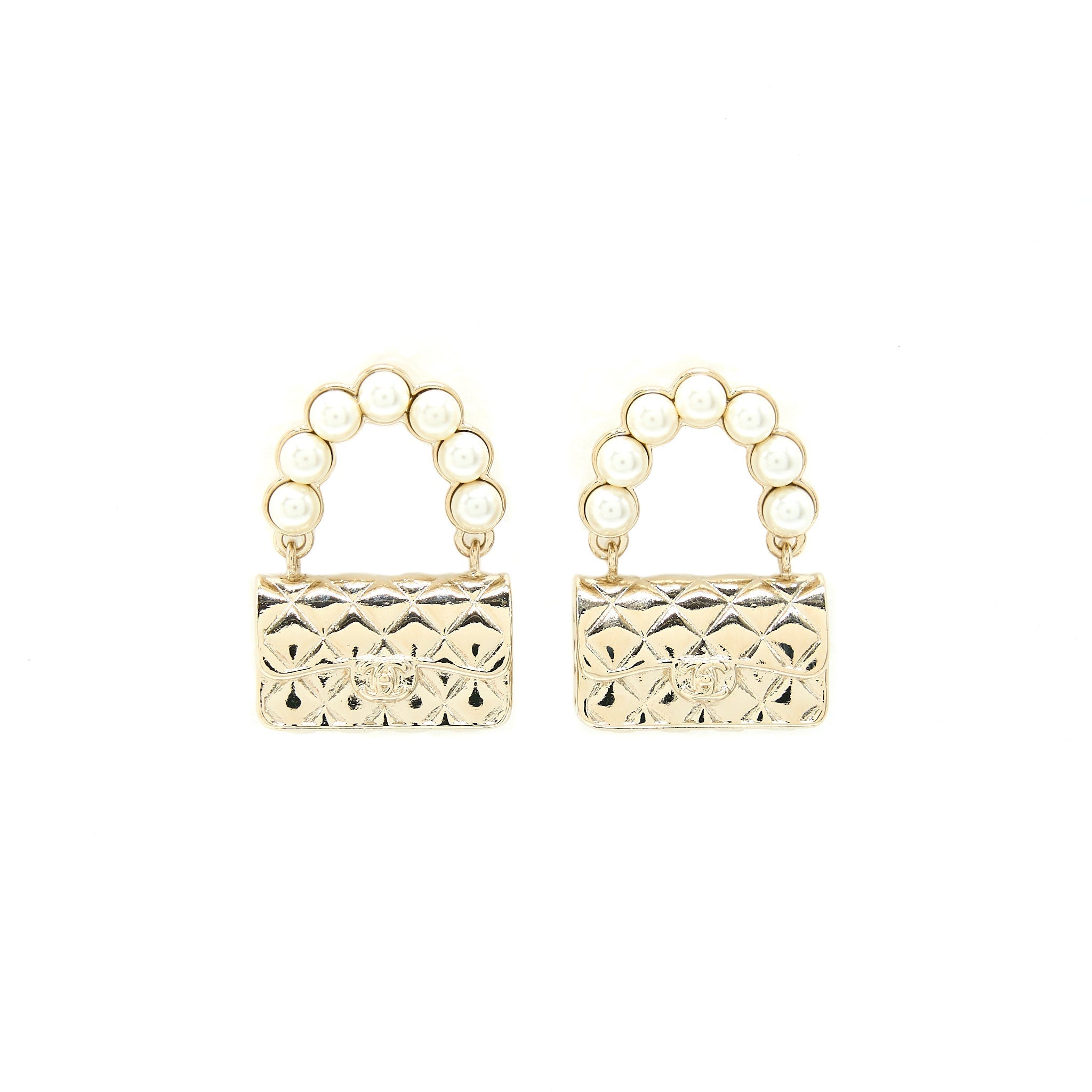 Chanel Pearl And Bag Earring Light Gold Tone