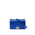 CHANEL MEDIUM LE BOY BAG IN METALLIC BLUE