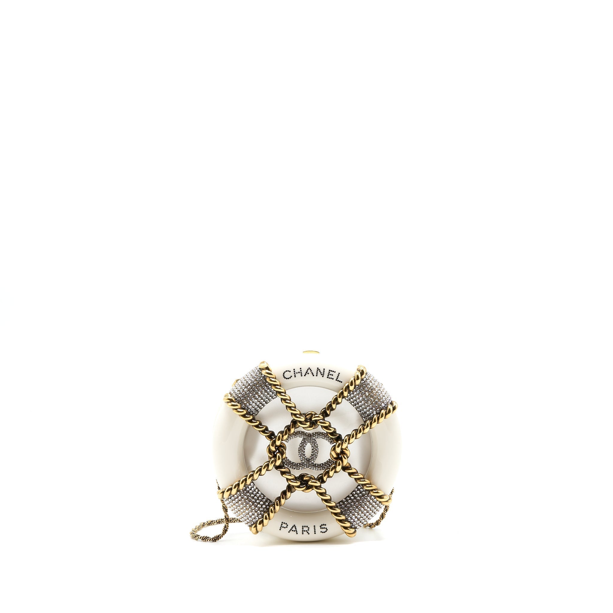 Chanel Runway White Crystal Round Evening Clutch Shoulder Bag Box