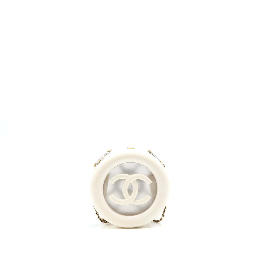 Chanel Runway White Crystal Round Evening Clutch Shoulder Bag Box