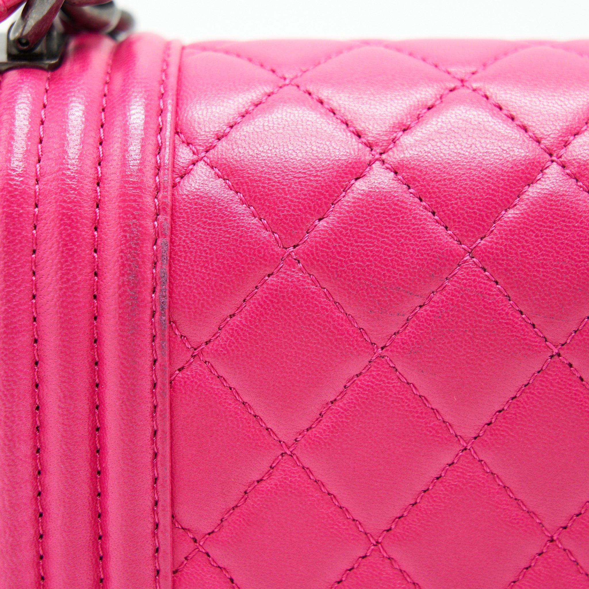 CHANEL SMALL BOY BAG LAMBSKIN RUTHENIUM HARDWARE HOT PINK