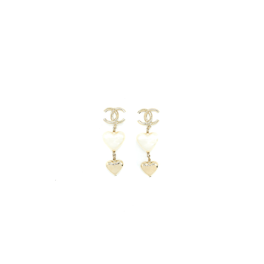 Chanel CC Logo Heart Drop Earrings Light Gold Tone
