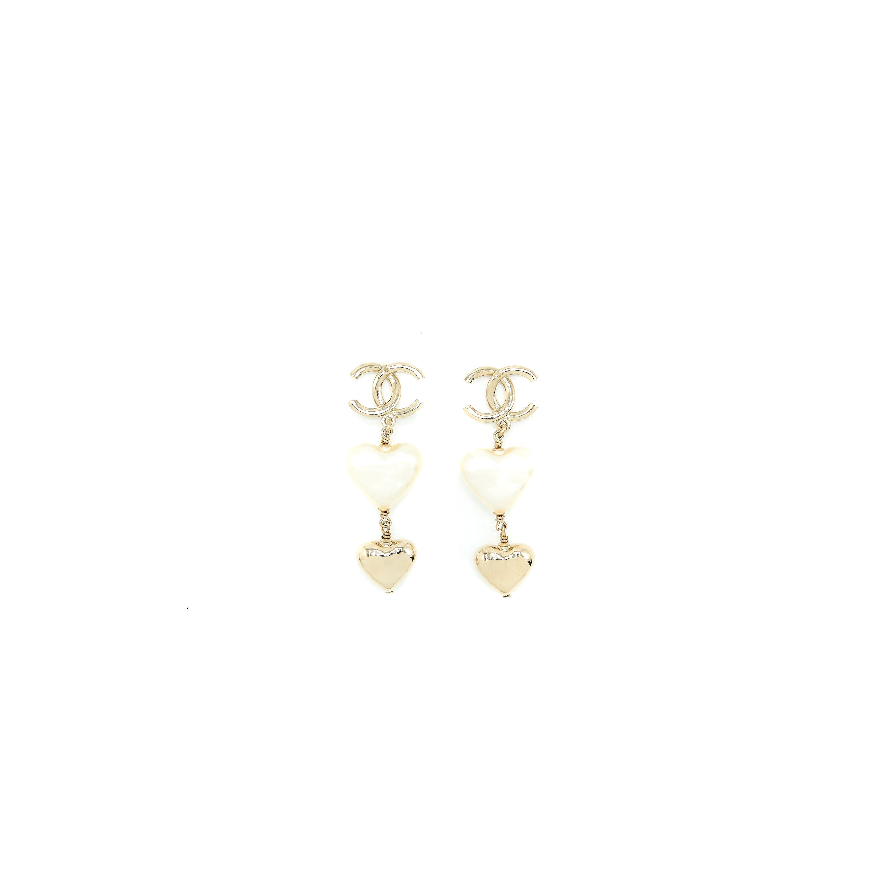 Chanel CC Logo Heart Drop Earrings Light Gold Tone