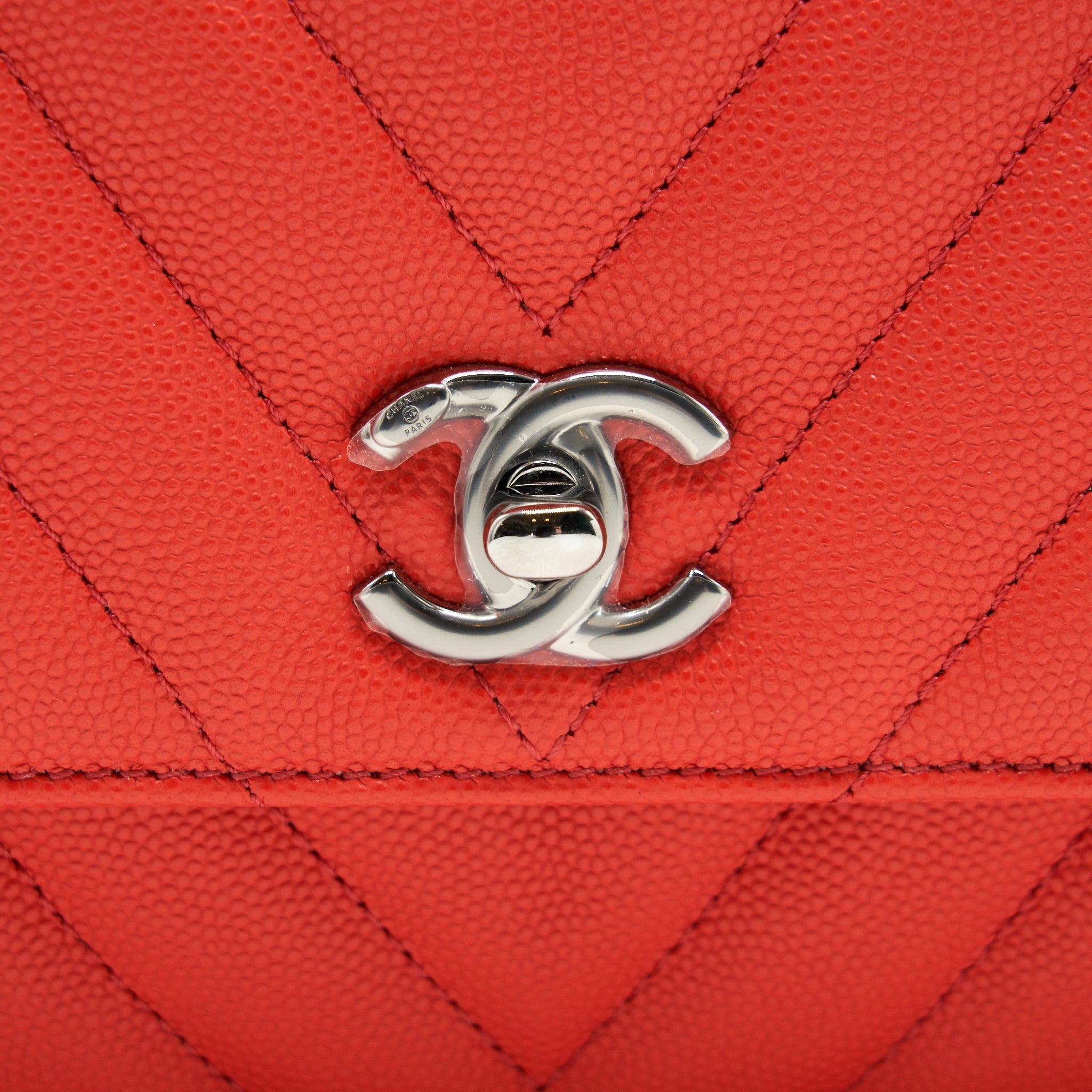 Chanel Coco Handle Small 24cm Chevron Coral Red Ruthenium Hardware