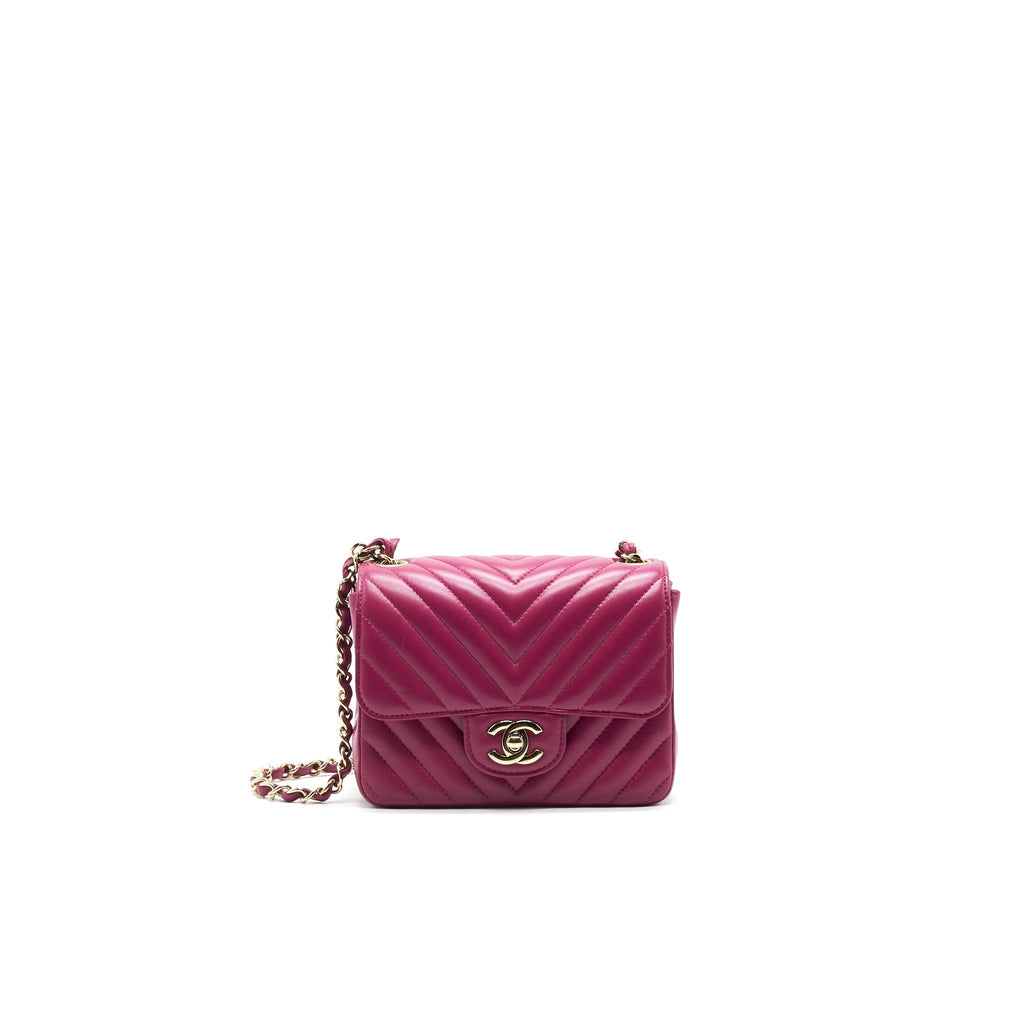 CHANEL MINI SQUARE CHEVRON RASPBERRY RED LAMBSKIN