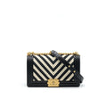 CHANEL TWEED MEDIUM LE BOY CHEVRON BLACK AND WHITE