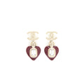 Chanel CC Logo And Heart Earrings Red And Light Gold Tone