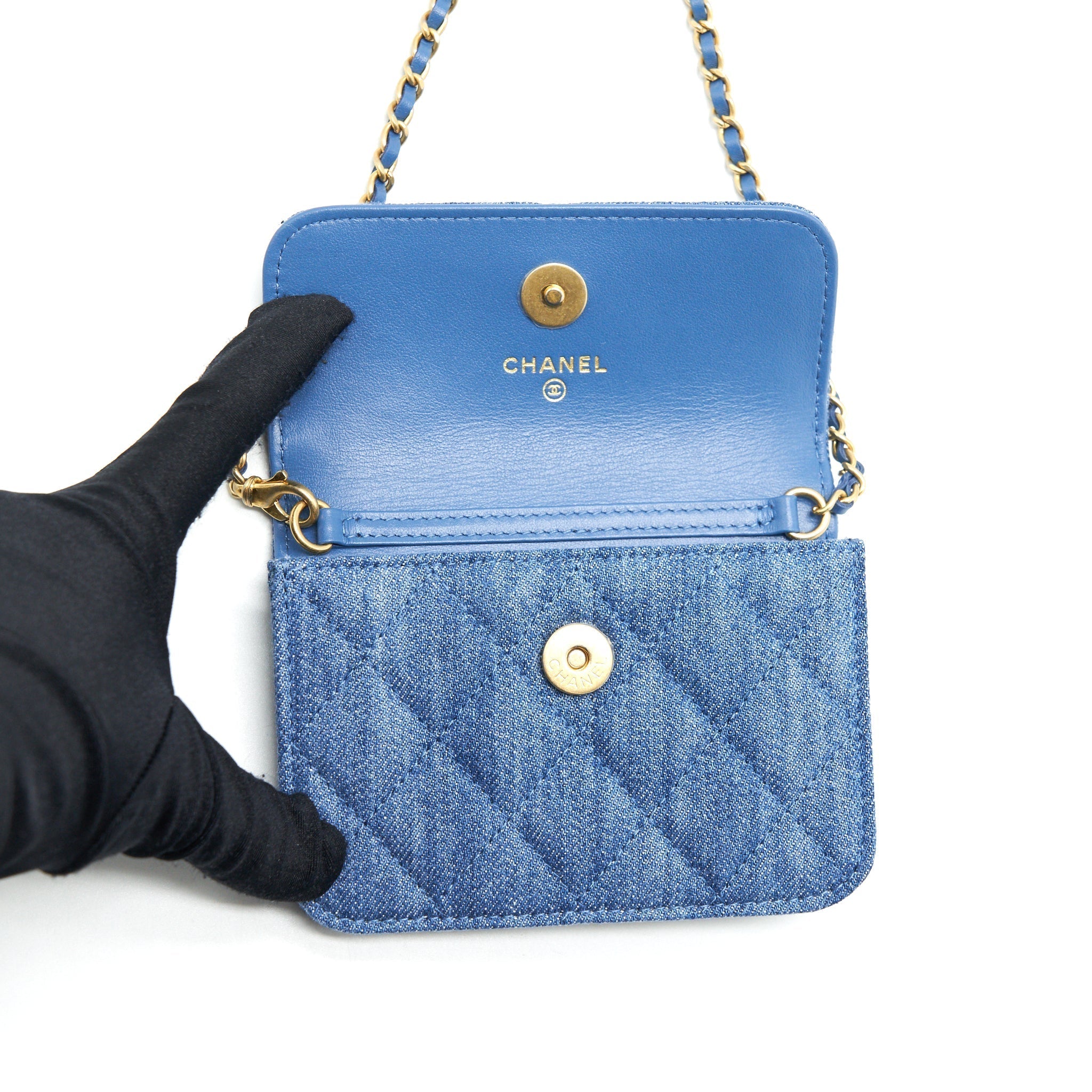 Chanel pearl crush mini flap belt bag denim