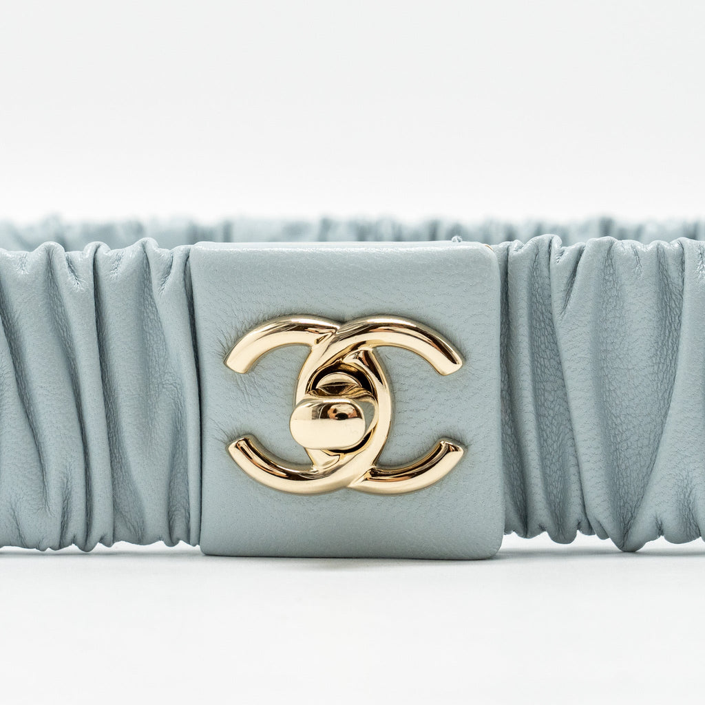 Chanel Size 75 CC Logo Belt Calfskin Light Blue Light Gold Tone