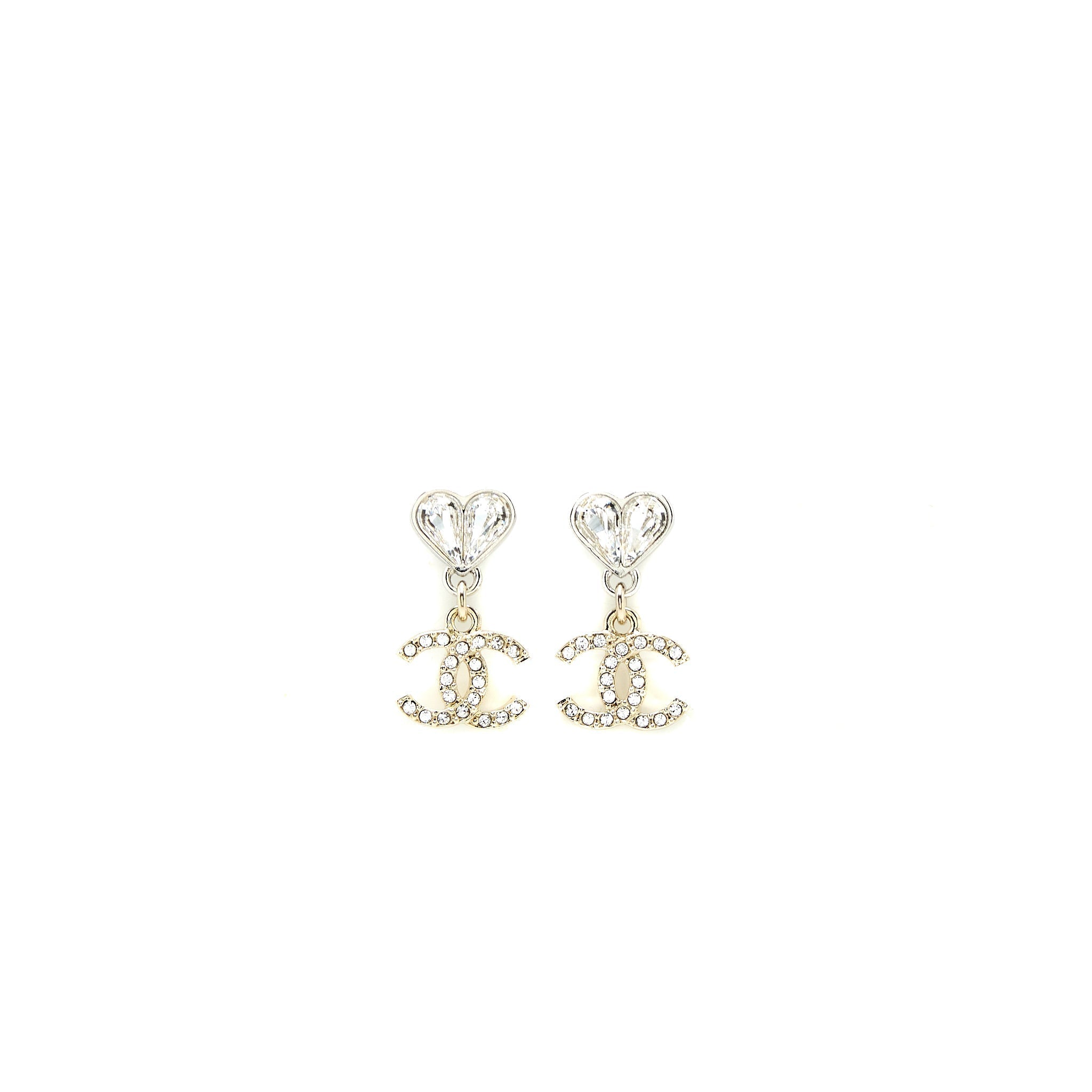 Chanel Heart & CC Drop Earrings Crystal Silver Tone