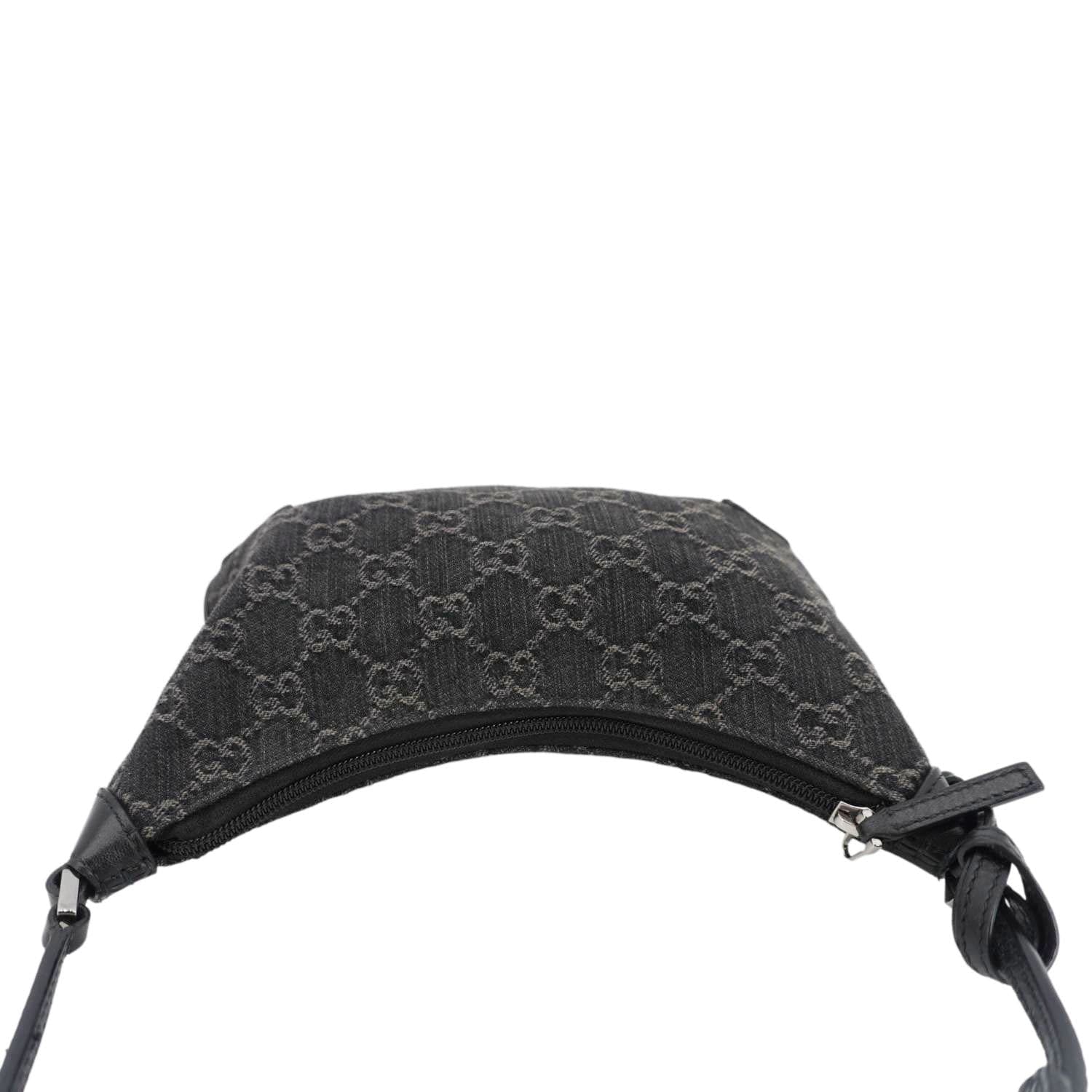 GUCCI Horsebit Slim Small GG Monogram Denim Hobo Shoulder Bag Black 774719