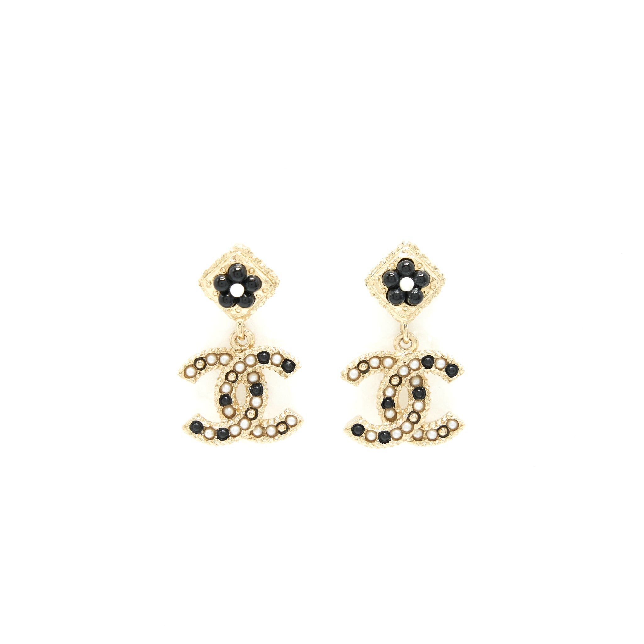 Chanel CC Logo With Flower Black And White Drop Earrings