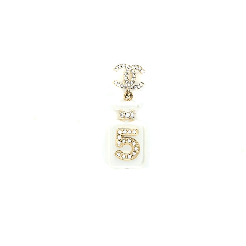 Chanel No.5 Perfume Bottle CC Logo Drop Crystal/Pearl Earrings Light Gold Tone