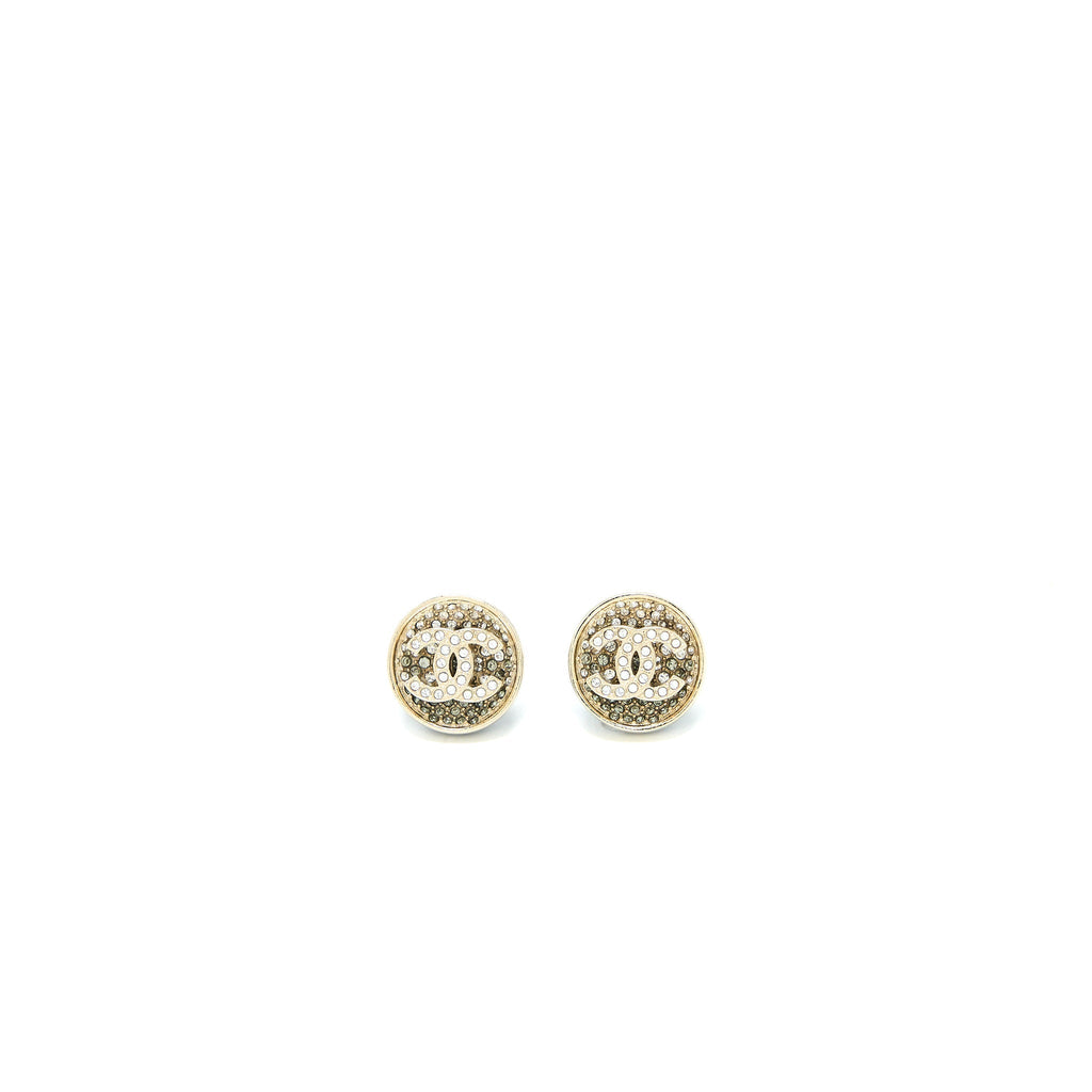 Chanel 23P CC Logo Crystal Round Earrings Light Gold Tone