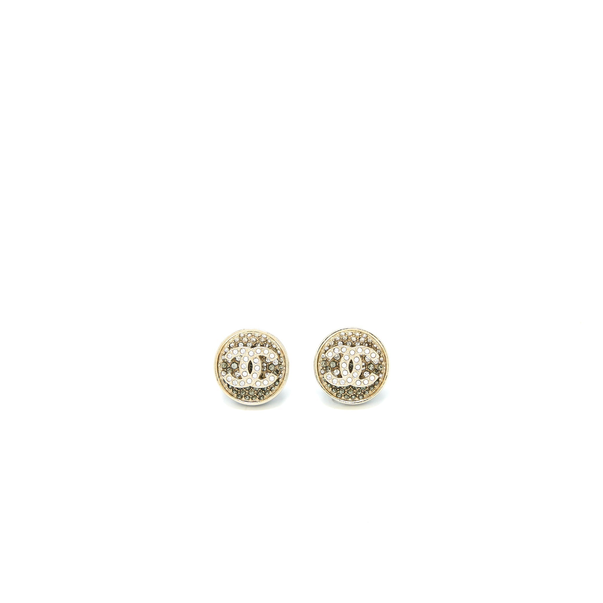 Chanel 23P CC Logo Crystal Round Earrings Light Gold Tone