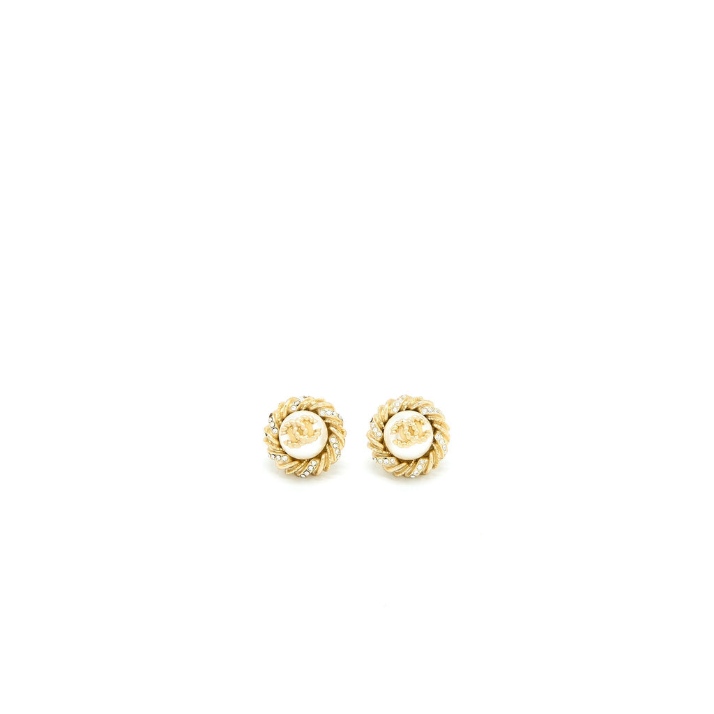 Chanel Round CC Logo Earrings Pearl/Crystal Light Gold Tone