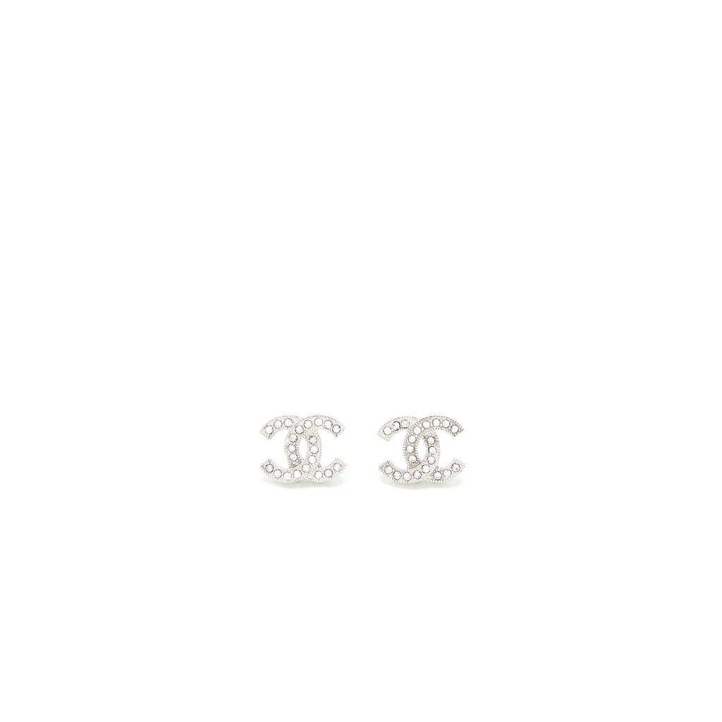 Chanel CC Logo Earrings Crystal Silver Tone