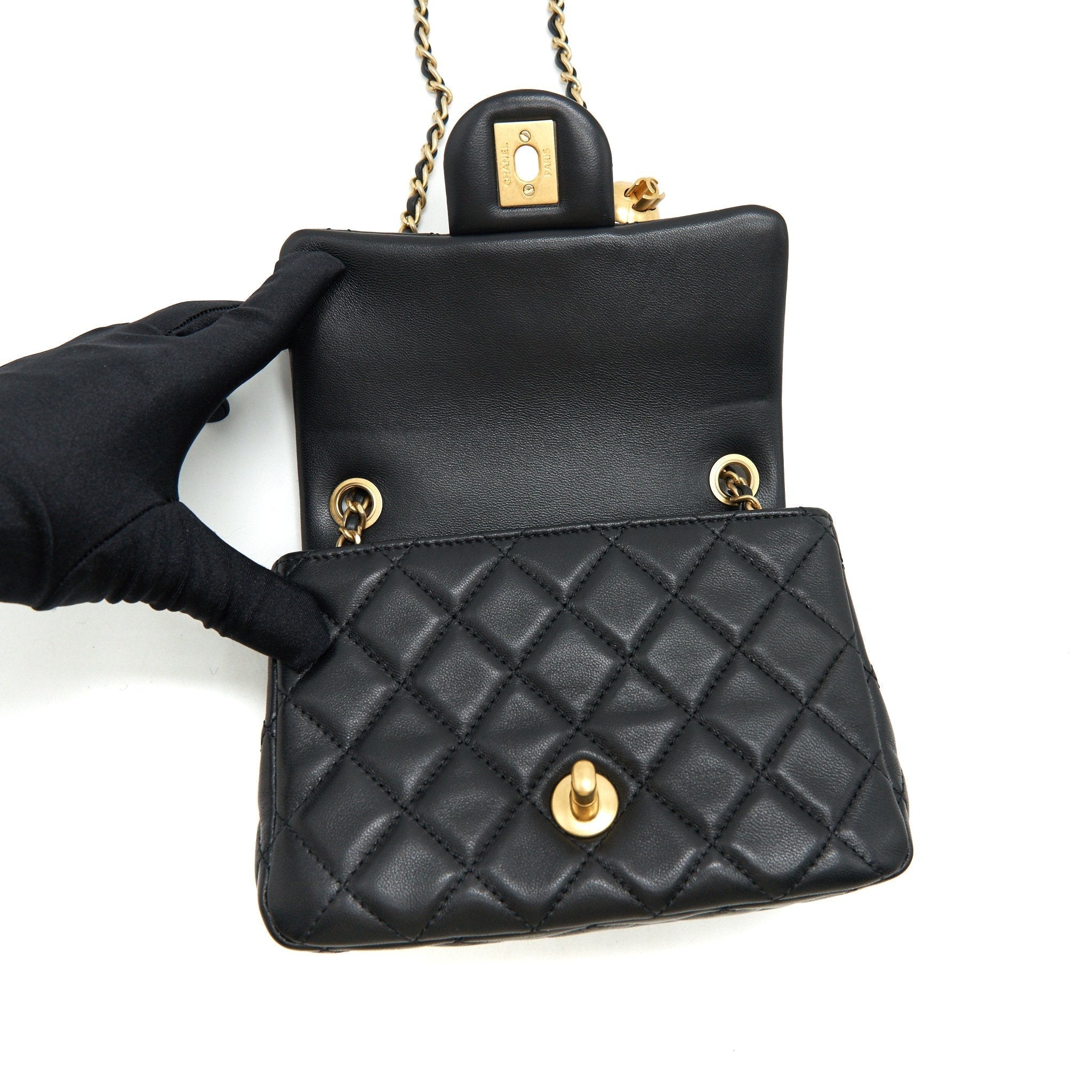 Chanel 22C Pearl Crush Mini Square Flap Bag Black Lambskin