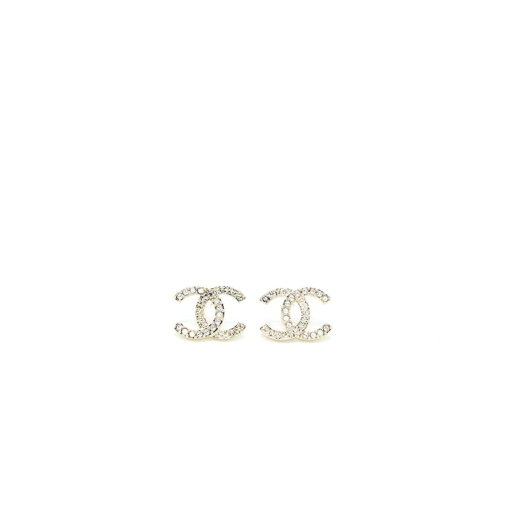 Chanel 23P CC Logo Earrings Large Model Crystal Light Gold Tone