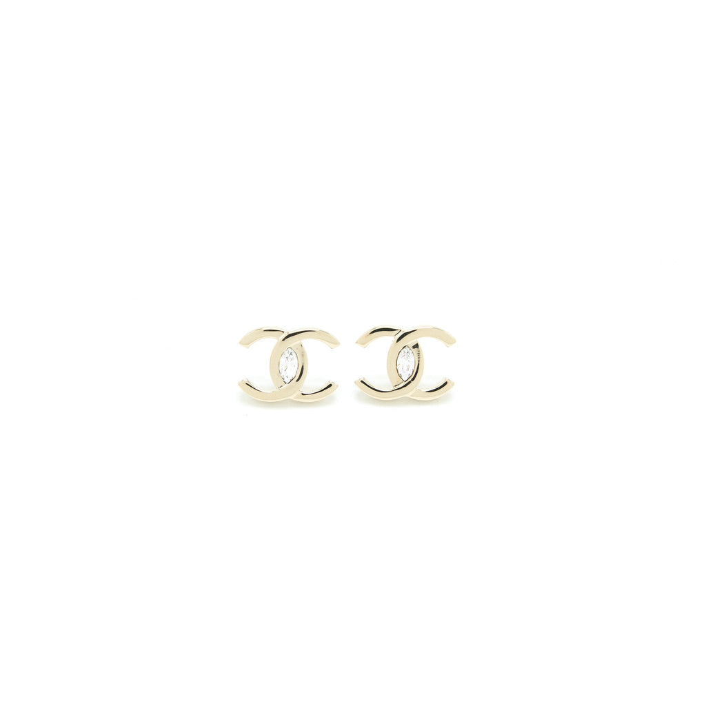 Chanel CC Logo Earrings Crystal Light Gold Tone