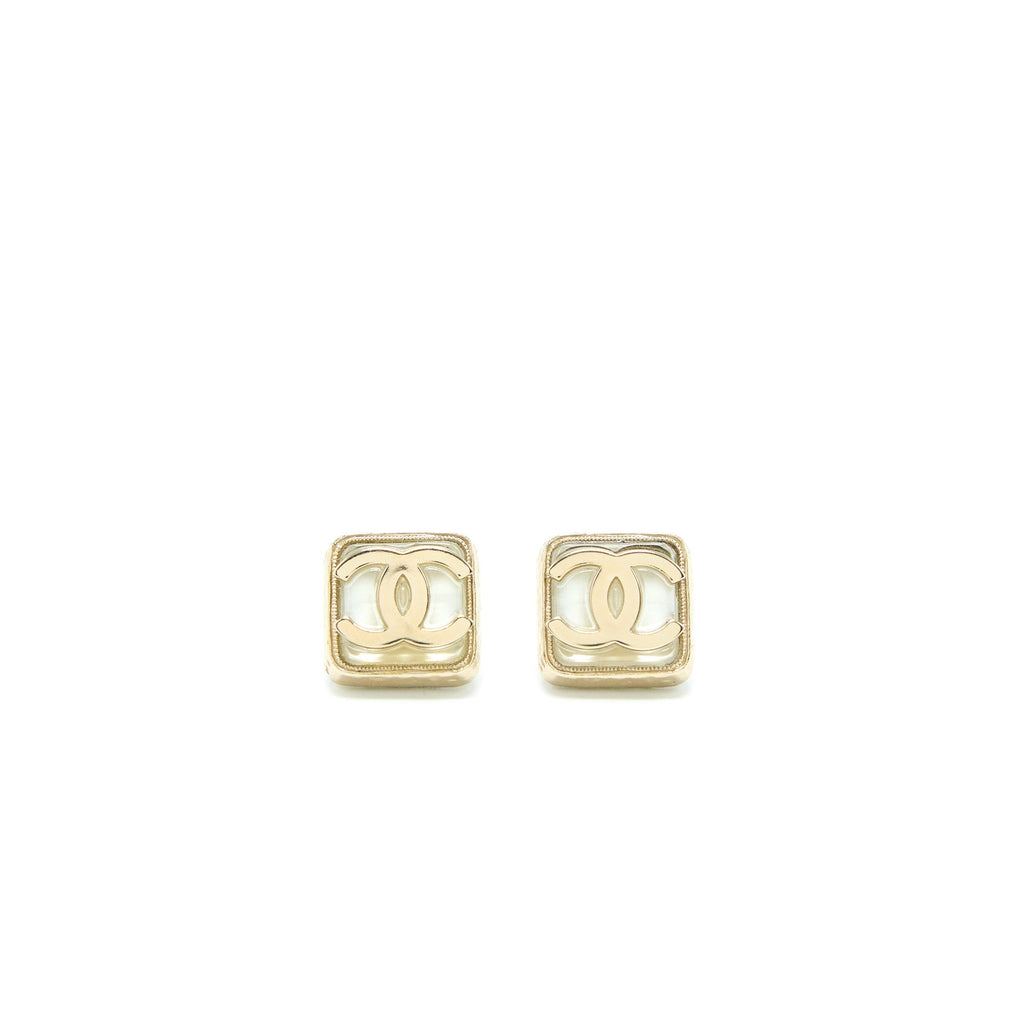 Chanel Square CC Logo Earrings Light Gold Tone