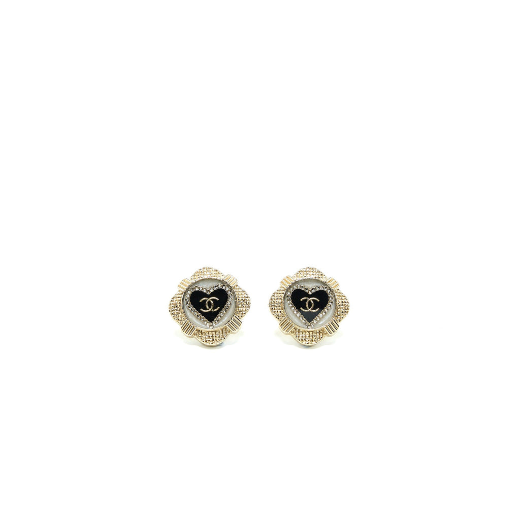 Chanel Heart With CC Logo Earring Gold Tone/ Enamel