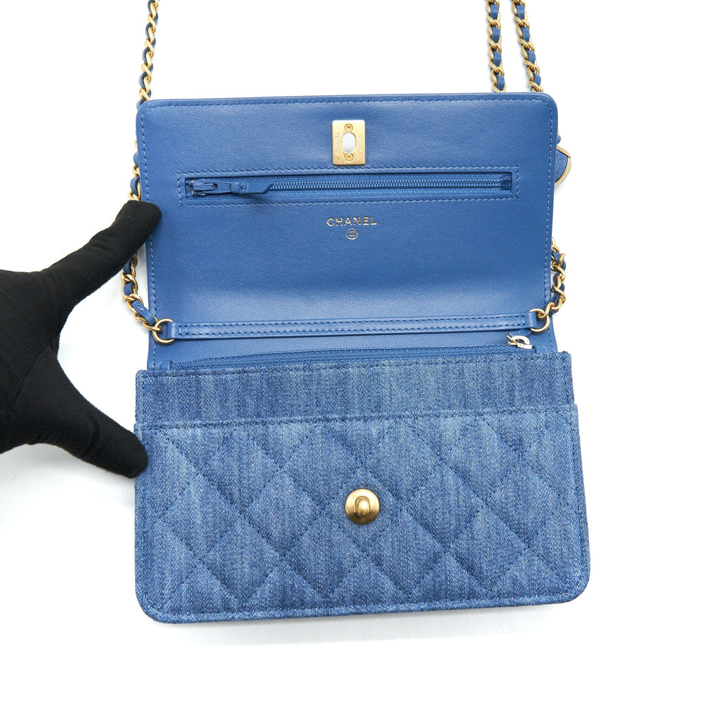 Chanel 22C Pearl Crush  Wallet On Chain Denim