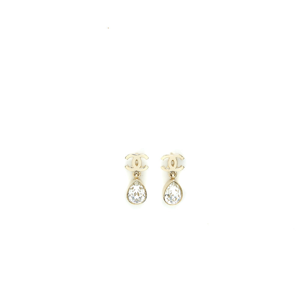 Chanel CC Logo Drop Earrings Crystal Light Gold Tone