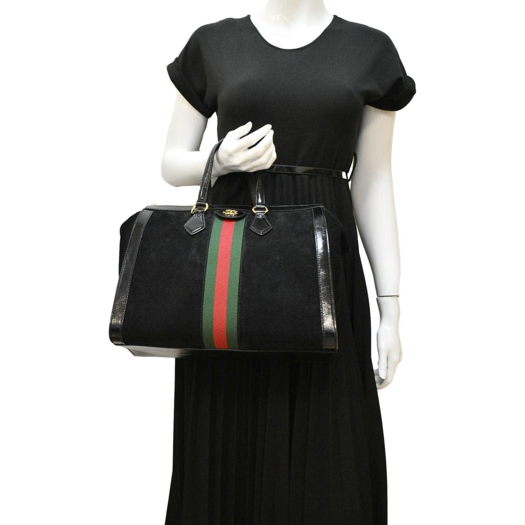 GUCCI Ophidia  Medium Web Suede Tote Bag Black 524537