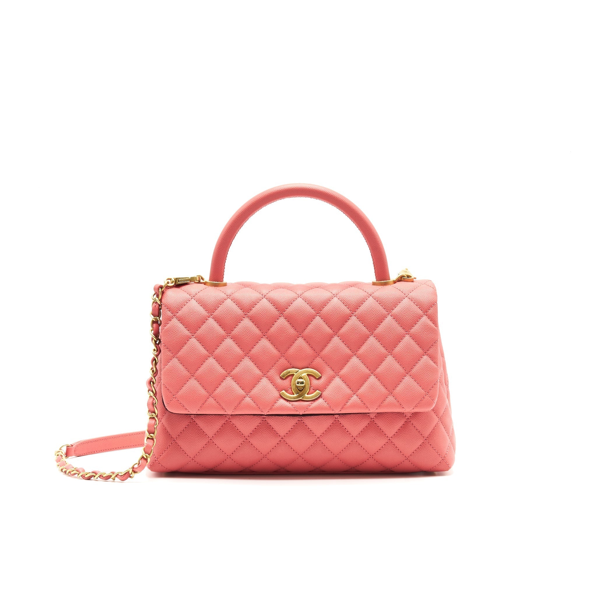 CHANEL SMALL COCO HANDLE FLAP BAG GRAINED CALFSKIN IN CORAL PINK