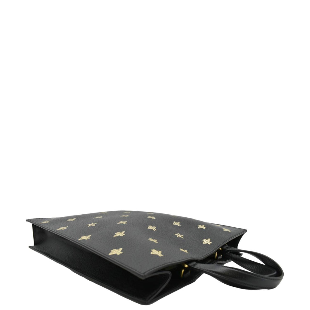 GUCCI Bee Star Grained Calfskin Leather Vertical Tote Black 495444